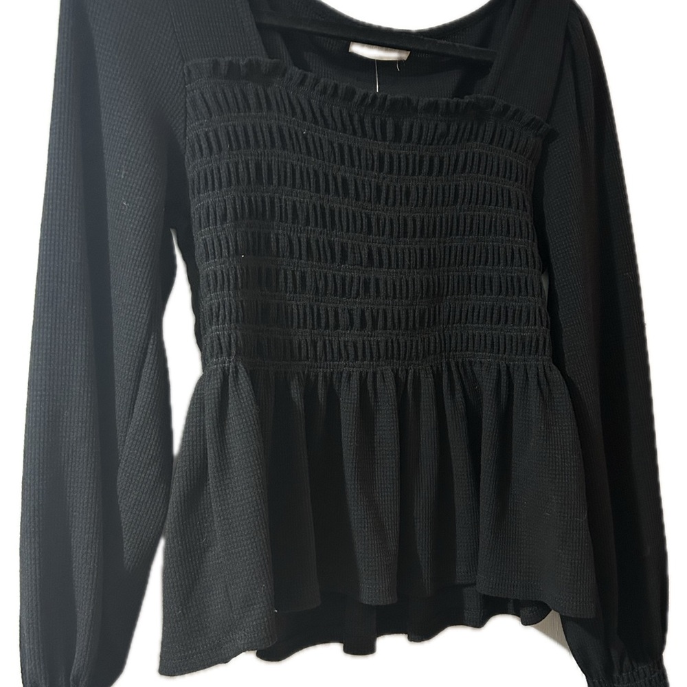 Altar'd State Black Smocked Peplum Long Sleeve Top